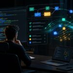 Illustration d'un developpeur supervisant un agent IA, un workflow de code et des validations de tests