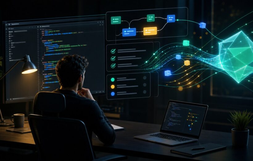 Illustration d'un developpeur supervisant un agent IA, un workflow de code et des validations de tests