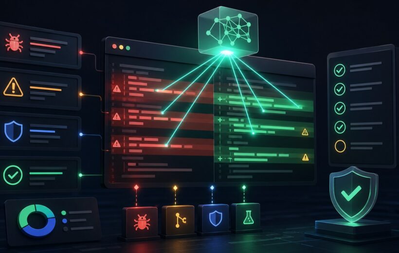 Illustration d'une revue de code assistee par IA avec detection de bugs, securite et checklist