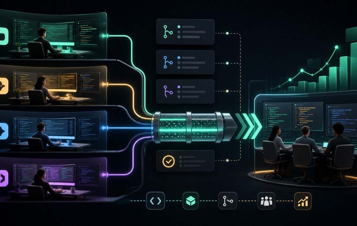 Illustration de plusieurs environnements de developpement IA connectes a un pipeline logiciel commun