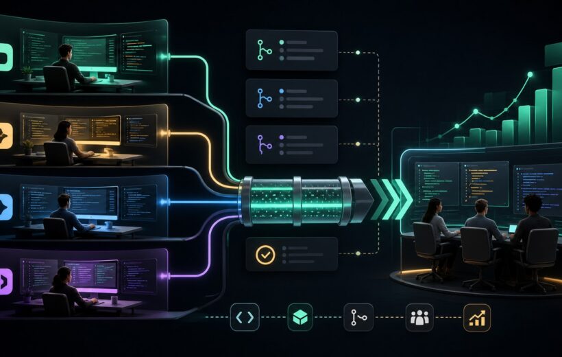 Illustration de plusieurs environnements de developpement IA connectes a un pipeline logiciel commun