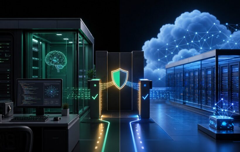 Illustration comparant une infrastructure IA locale et une infrastructure IA cloud avec controle de securite