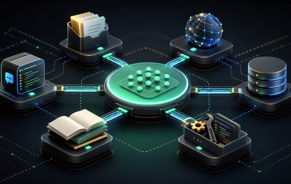 Illustration d'un hub MCP connectant fichiers, documentation, base de donnees et outils developpeur