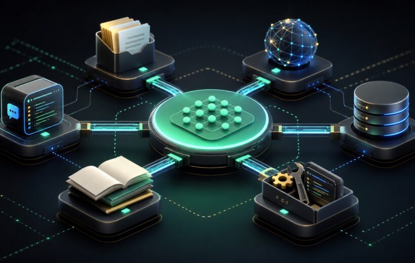Illustration d'un hub MCP connectant fichiers, documentation, base de donnees et outils developpeur