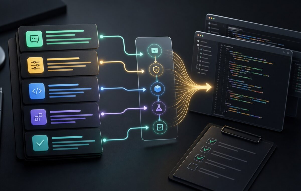 Illustration de prompts structures transformes en code et en checklist de validation
