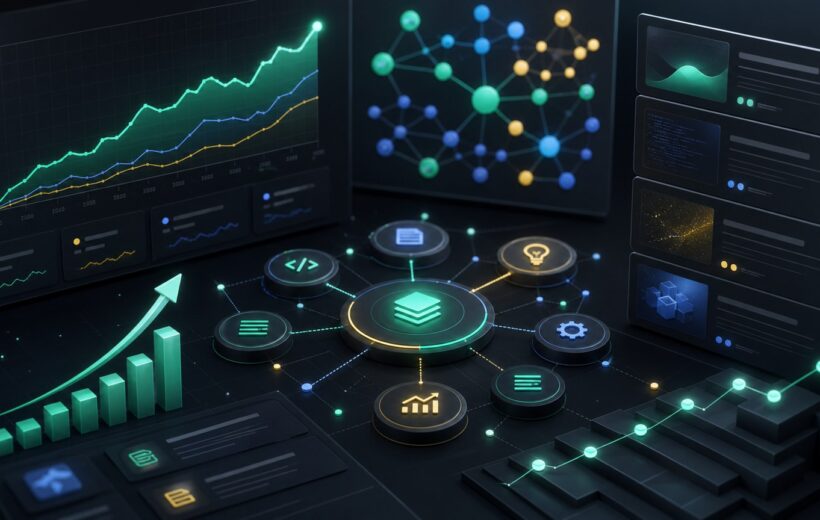 Illustration d'une strategie SEO avec clusters de contenu, maillage interne et courbes de croissance