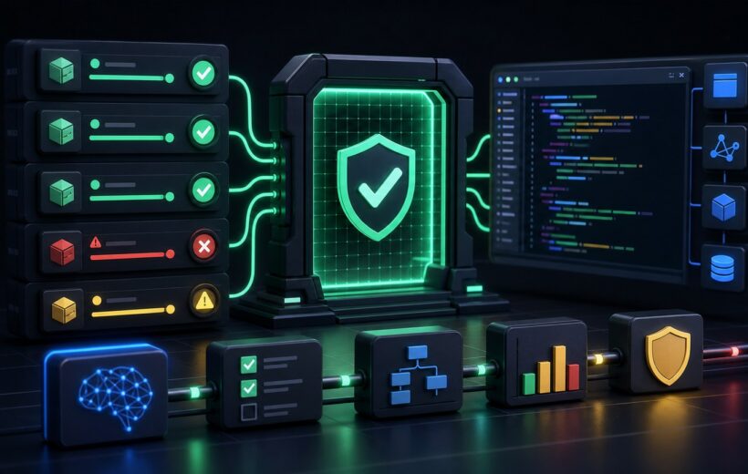 Illustration d'une porte de validation logicielle avec tests automatises, controles qualite et code