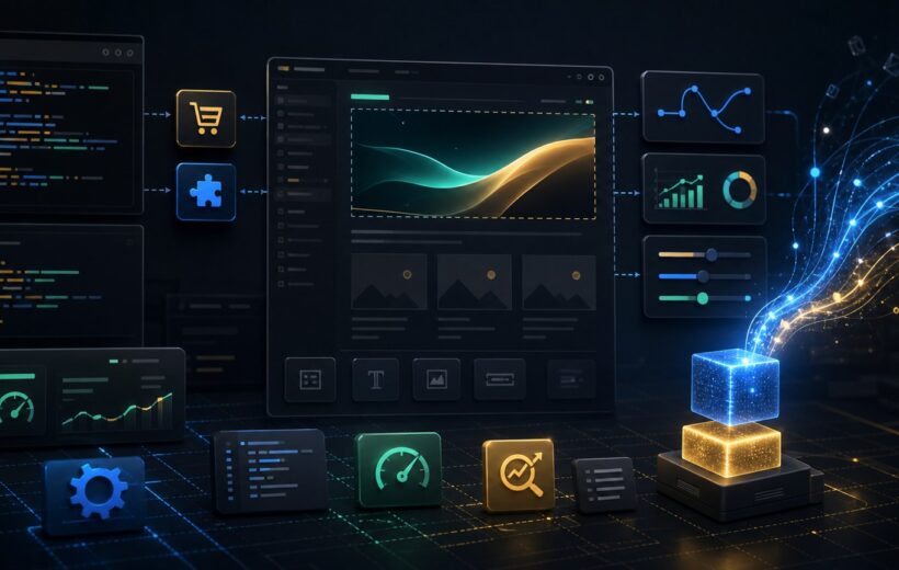 Illustration d'un environnement de developpement WordPress avec theme, plugins, performance et assistance IA