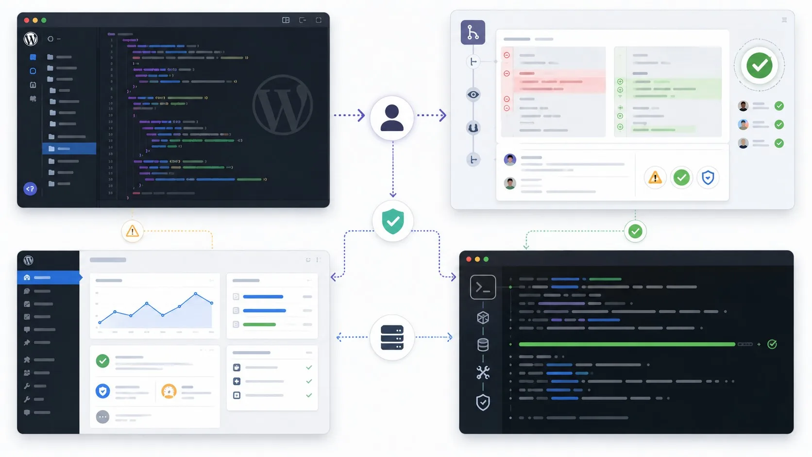 Schéma de décision comparant IDE, pull request, administration WordPress et script CLI pour intégrer une IA
