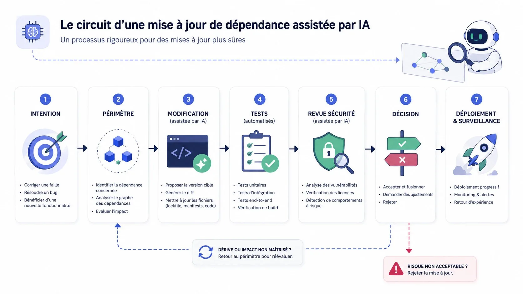 Circuit de validation d’une mise à jour de dépendance proposée par une IA.