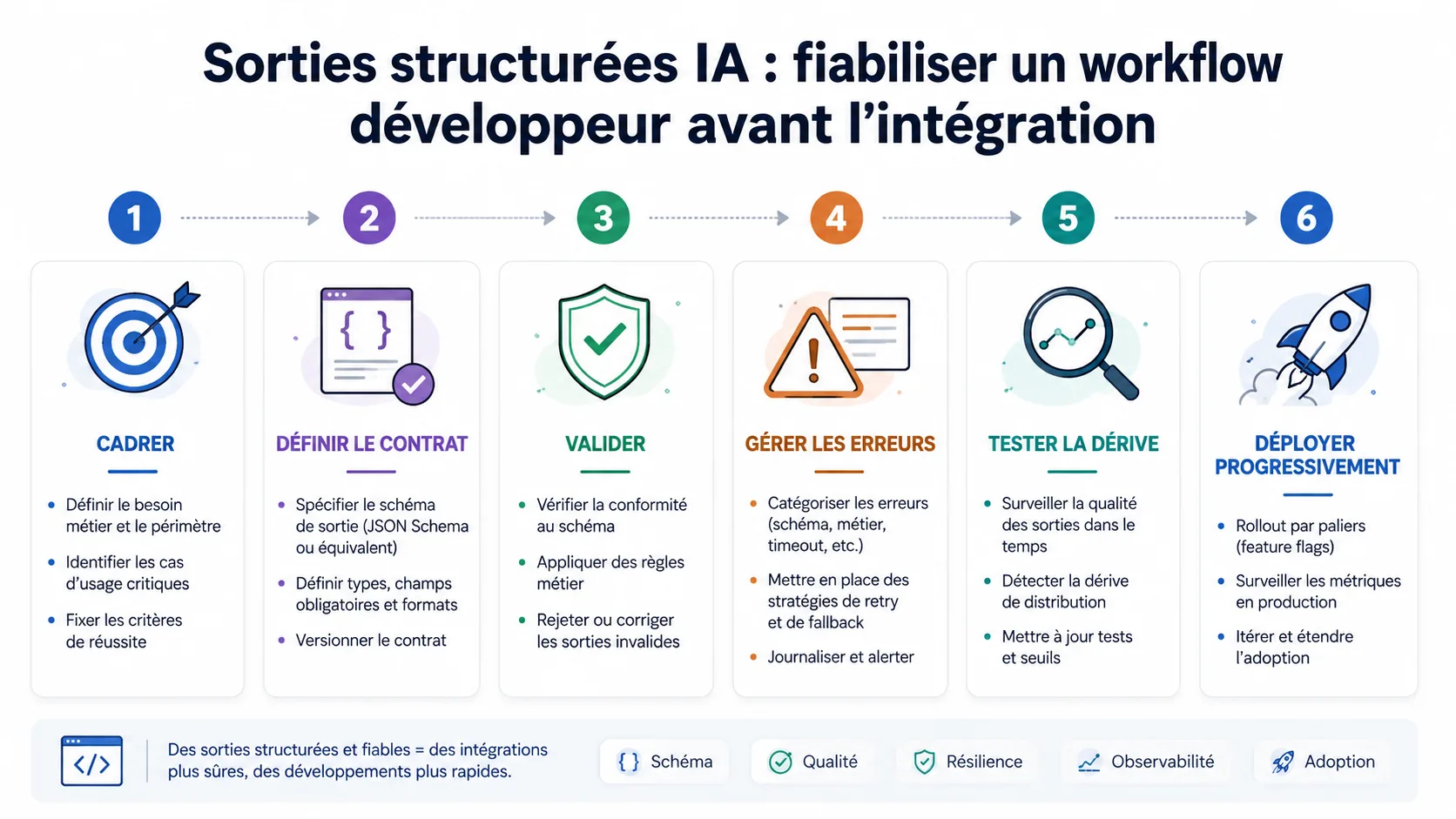 Infographie des six étapes d’intégration des sorties structurées IA dans un workflow développeur