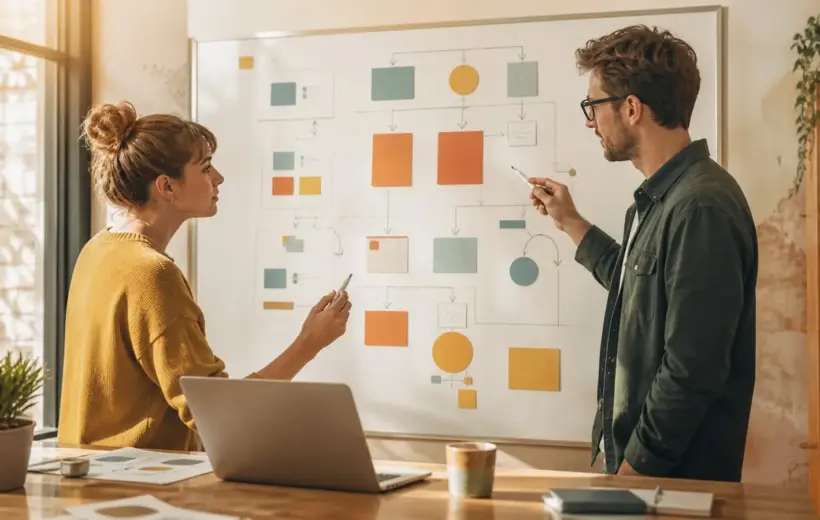 Une développeuse et un designer structurent une spécification logicielle avant l'implémentation