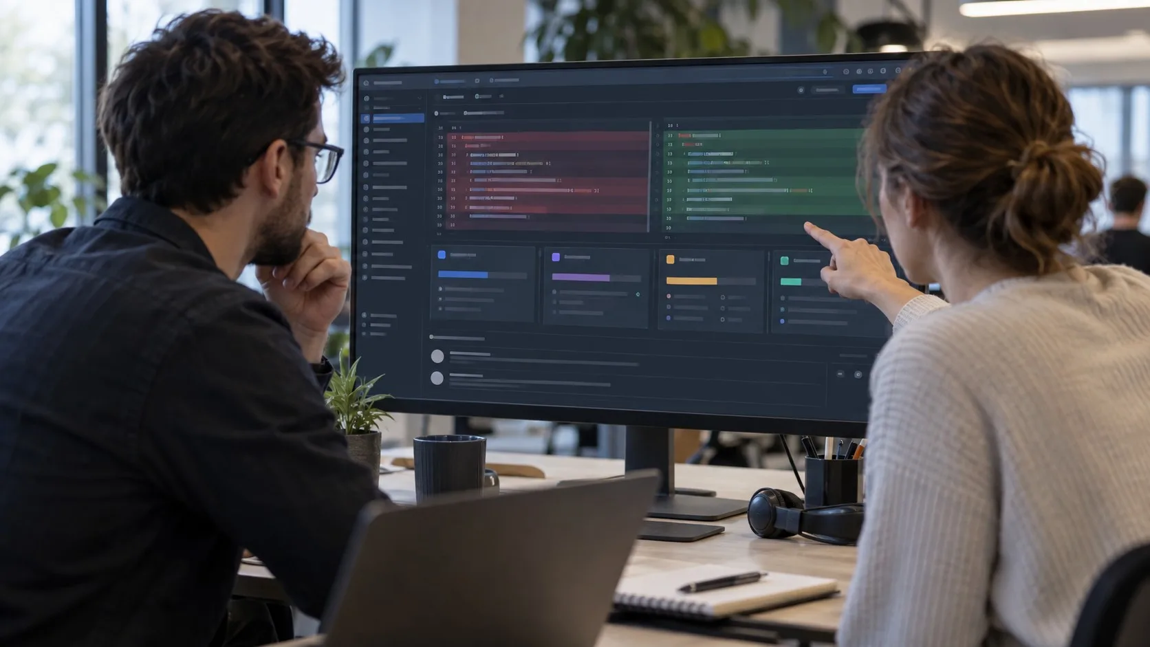 Équipe technique comparant plusieurs dispositifs de contrôle SEO dans une pull request.
