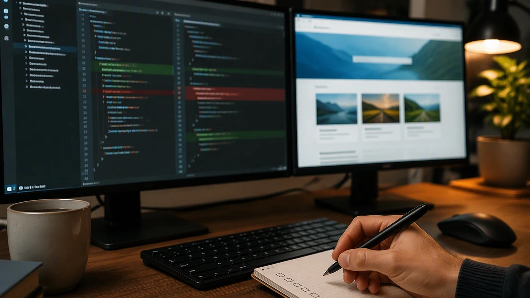 Développeur vérifiant une modification de code puis son résultat dans un aperçu web à l’aide d’une checklist
