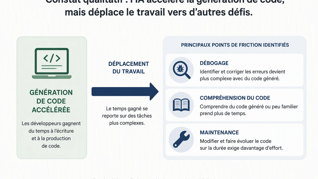 Infographie montrant le déplacement de la génération de code accélérée vers le débogage, la compréhension et la maintenance.