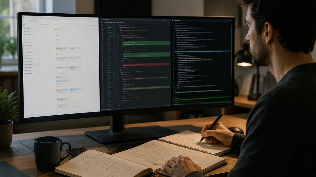 Développeur comparant un canvas de workflow avec un diff de code et un terminal