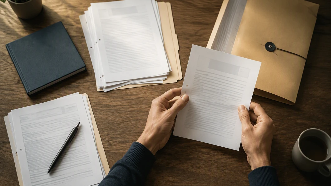 Des fiches de travail sont examinées et classées sur une table, illustrant le contrôle des informations conservées dans le contexte.