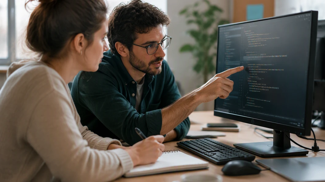 Deux collègues examinent ensemble une modification logicielle avant validation.