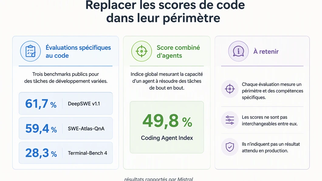 Infographie des trois scores de benchmarks de code et du score combiné rapportés par Mistral pour Large 4.