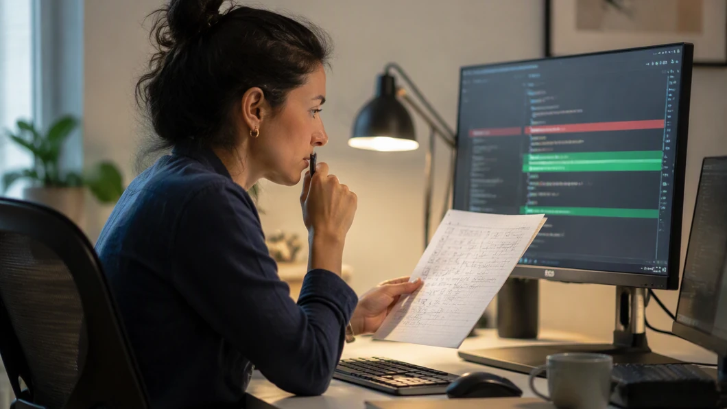 Développeuse comparant un diff de code à ses notes avant de décider si la modification est correcte.