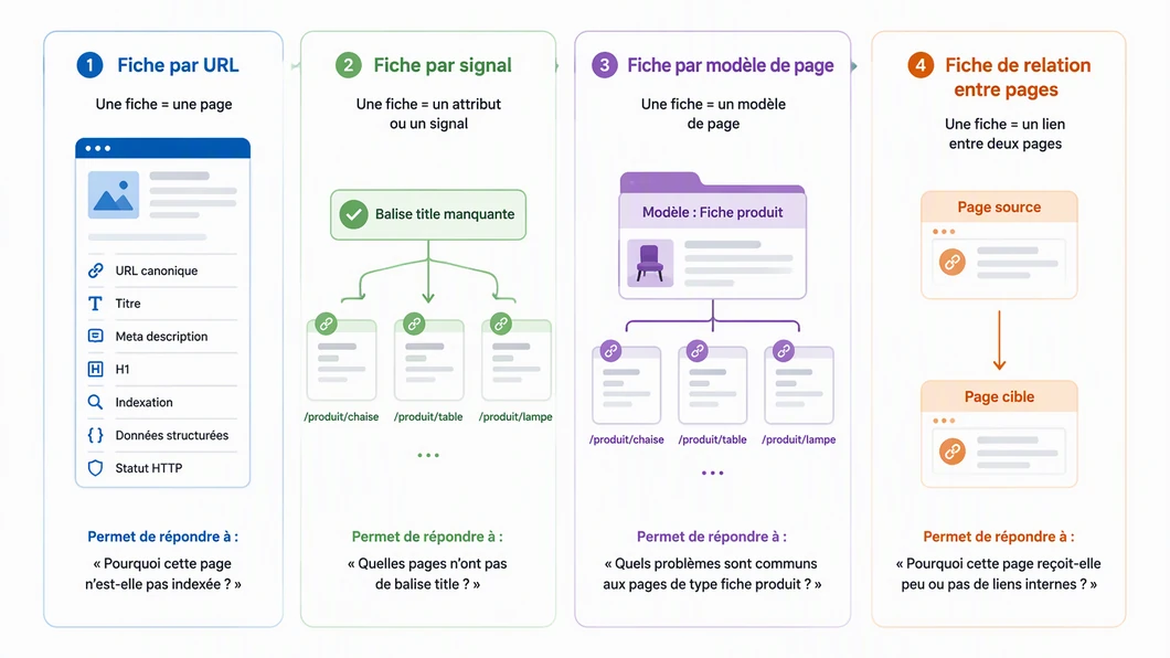 Infographie comparant les fiches par URL, par signal, par modèle de page et par relation pour un RAG SEO.